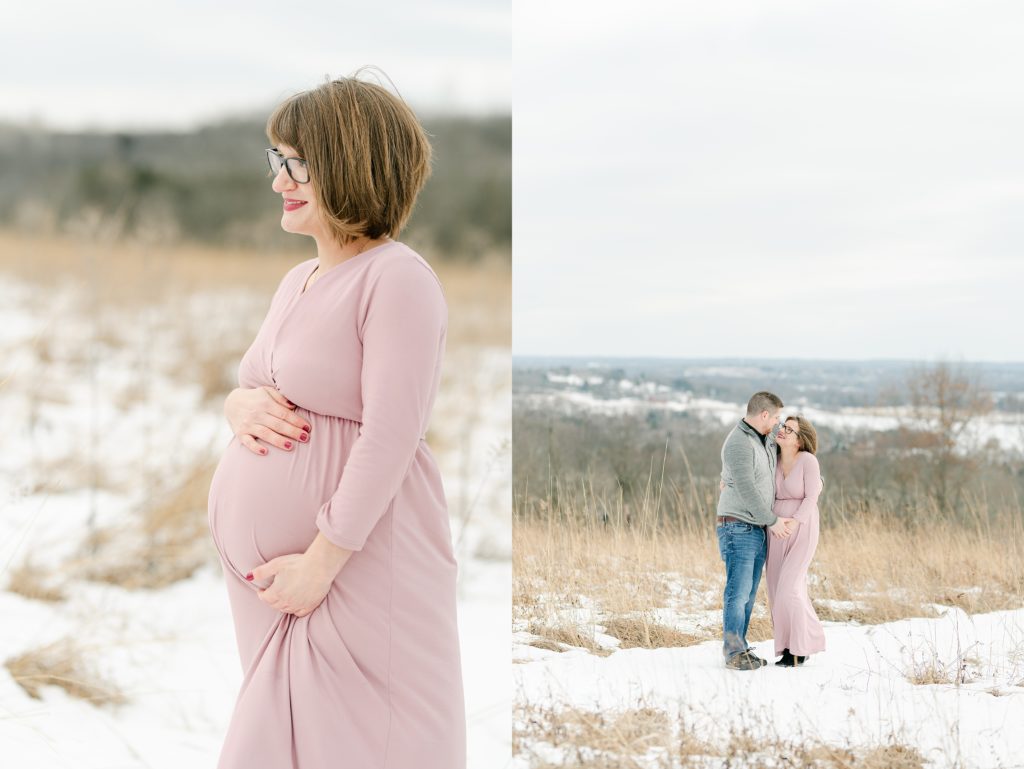 Winter Maternity Session at Retzer Nature Center showing a mom-to-be and her husband
