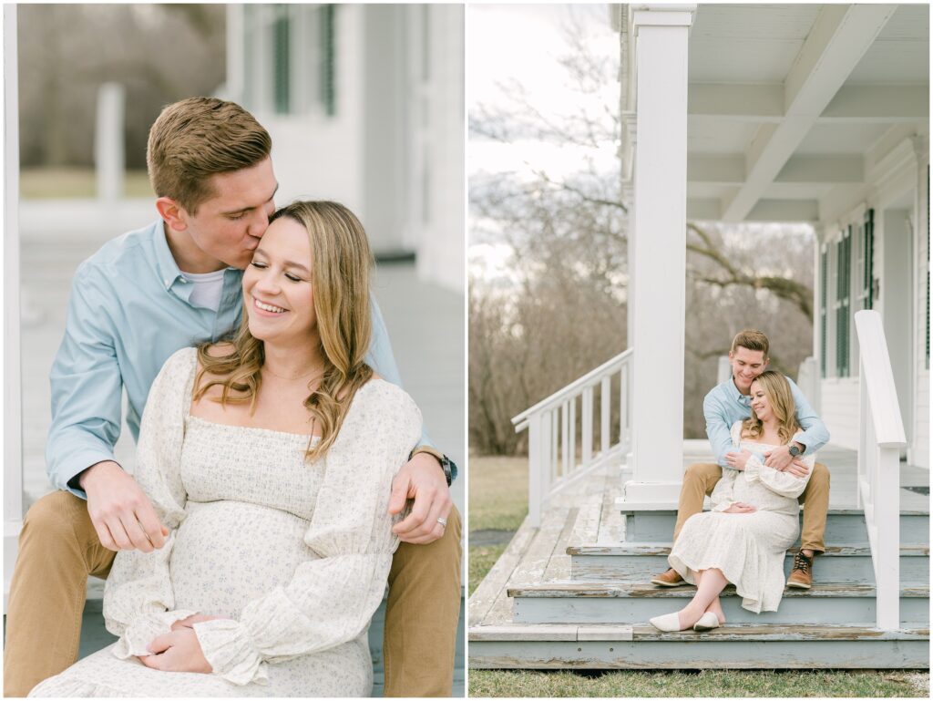 Expecting parents smiling and snuggling during maternity photo session