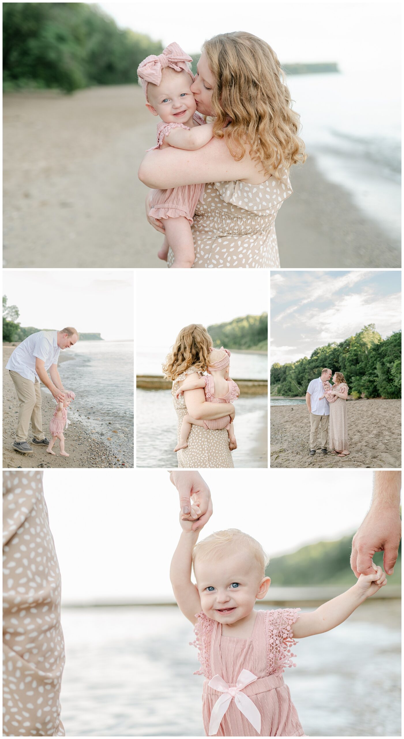 This photo features several images from a Milwaukee family photo session at the best beach in Milwaukee - Grant Park!