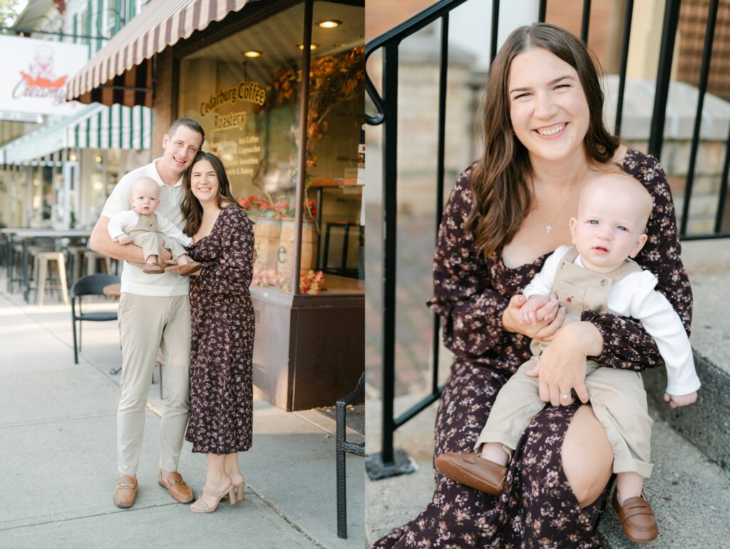 Family posing for photos in front of the Cedarburg Coffee Roastery 