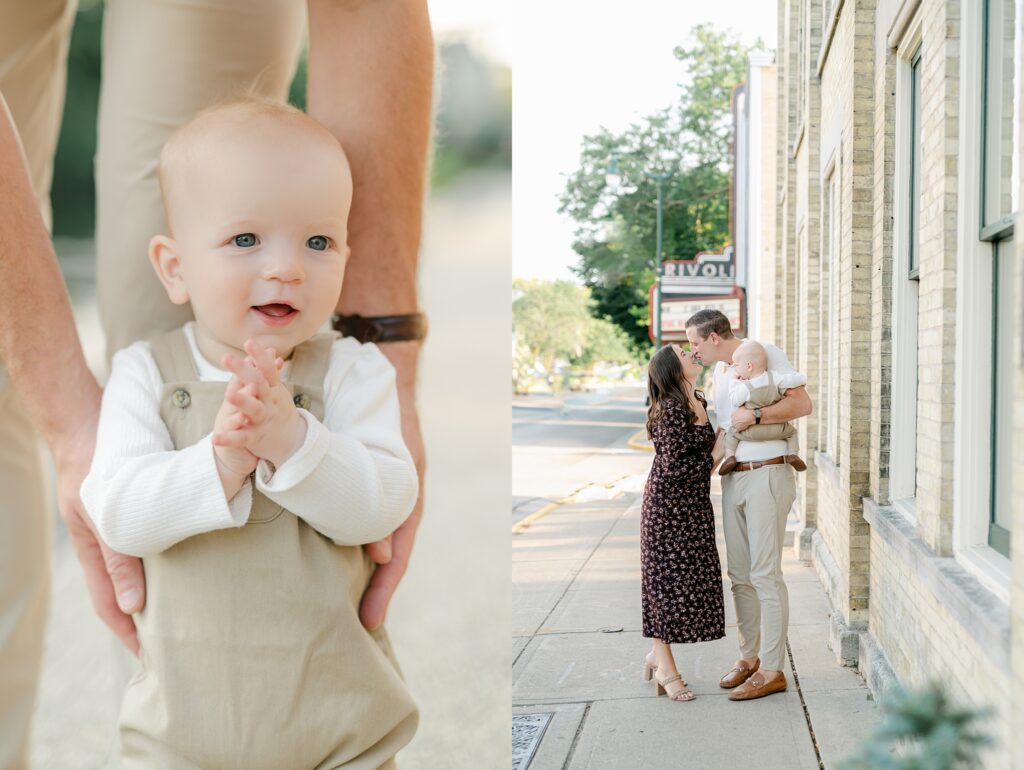 Family in downtown Cedarburg, photographed by a Cedarburg Family Photographer