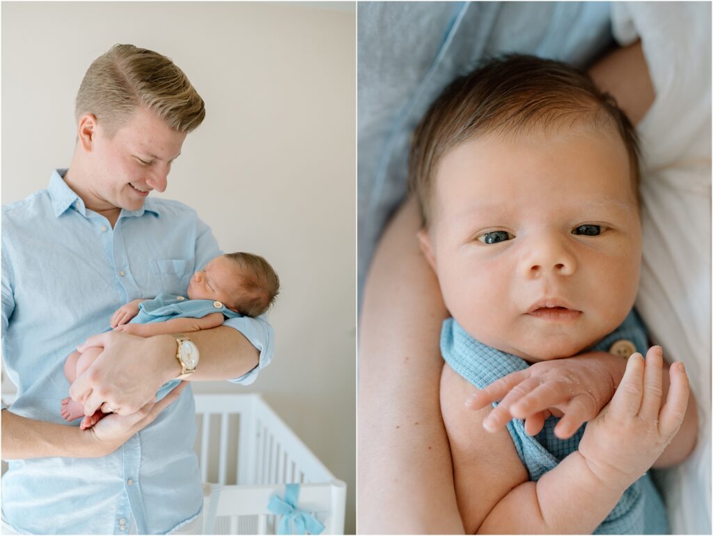 Dad holding baby and close up of baby's face during newborn photography session near Milwaukee.