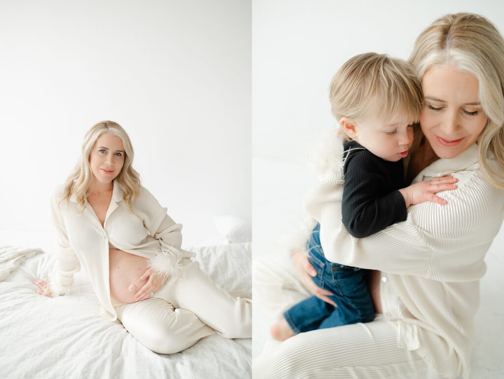 Mom wearing cream colored pajamas during a Milwaukee maternity session